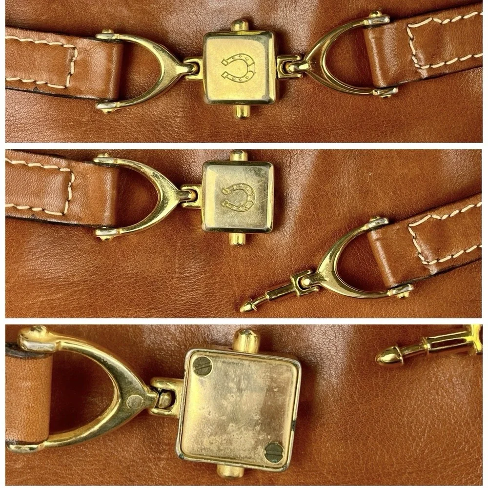 Vintage Brown Leather Double Handle Tote Bag Satchel Horse Bit Lock Horseshoe‎